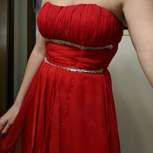 Staples red dress with asymetrical/layered train